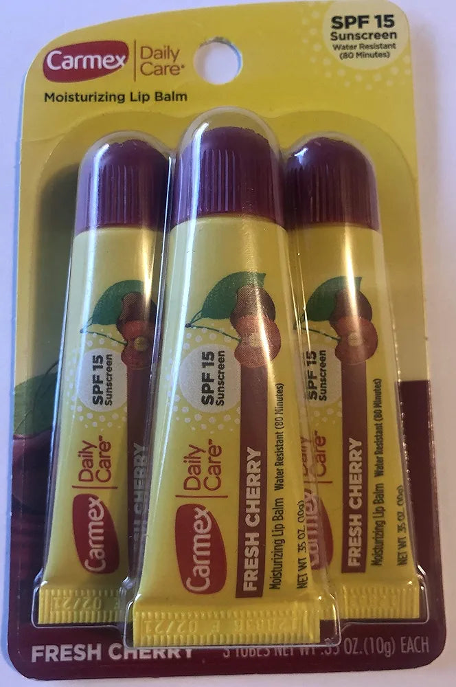 Carmex Daily Care Fresh Cherry Moisturizing Lip Balm, 10g tube.