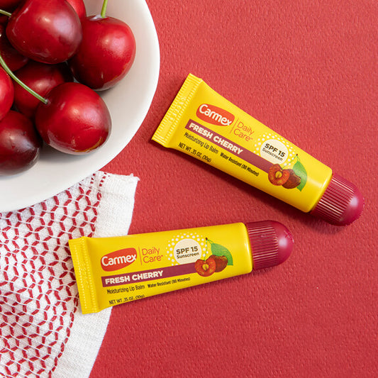 Carmex Daily Care Fresh Cherry Moisturizing Lip Balm, 10g tube.