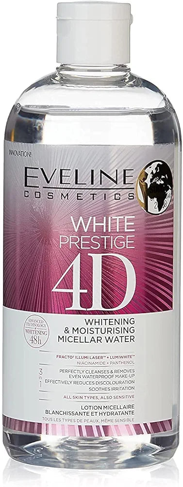 ماء ميسيلار للتفتيح والترطيب "وايت برستيج 4 دي" (White Prestige 4D Whitening & Moisturising Micellar Water) من شركة إيفلين كوزمتكس (Eveline Cosmetics). 
