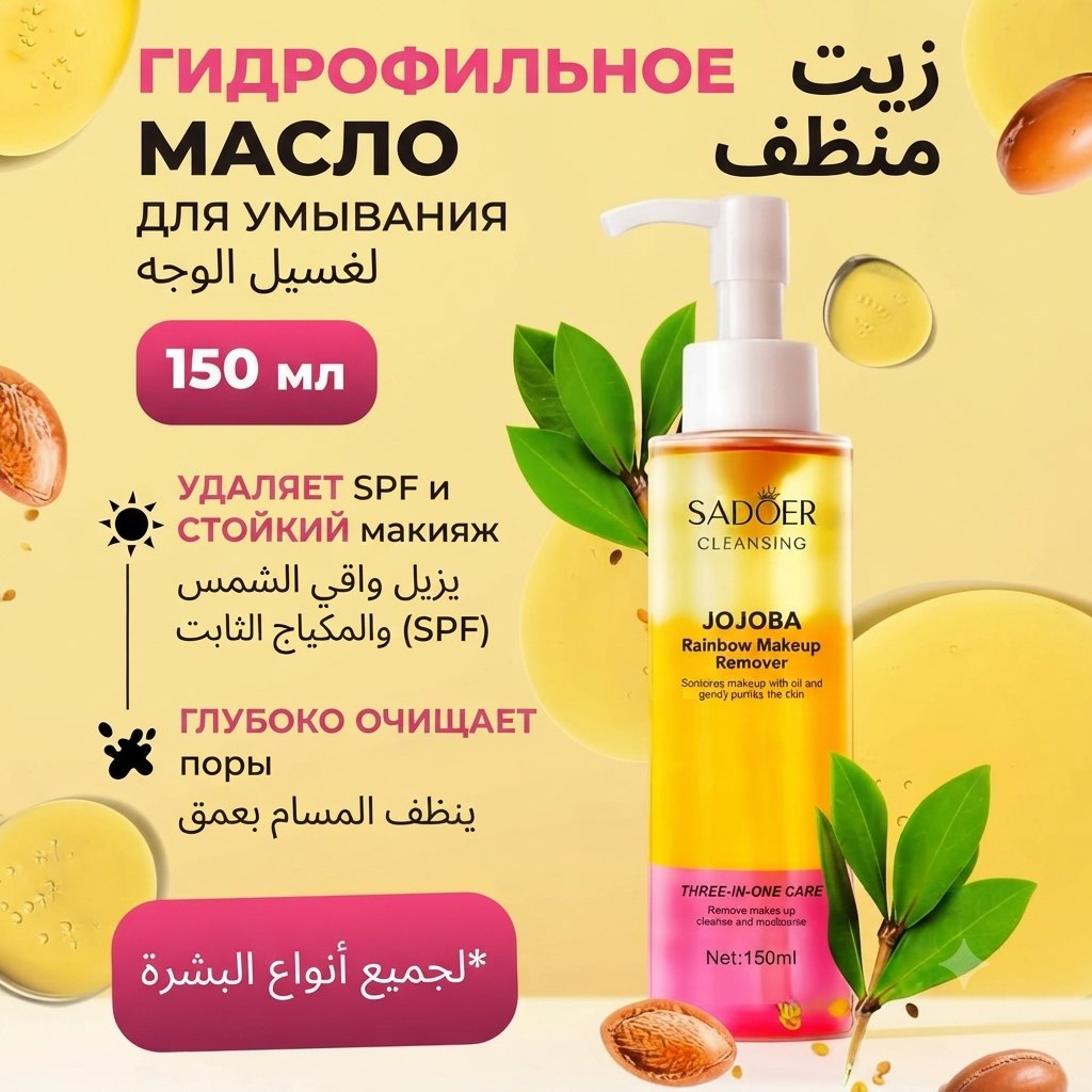 زيت تنظيف الوجه وإزالة المكياج بقوس قزح الجوجبا سادوير (Sadoer Jojoba Rainbow Makeup Remover)